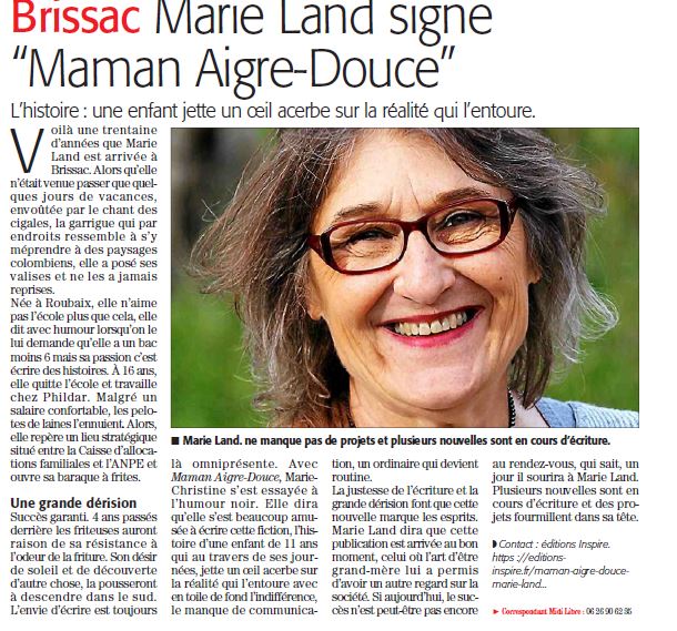 Marie Land dans le Midi Libre pour sa nouvelle "Maman aigre-douce"